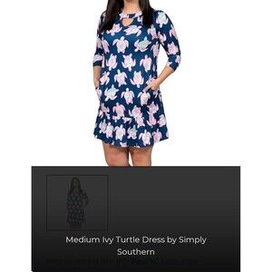Simply Southern Dress Small Blue Pink Turtle Print 3/4 Sleeve Ruffle Hem F12.3